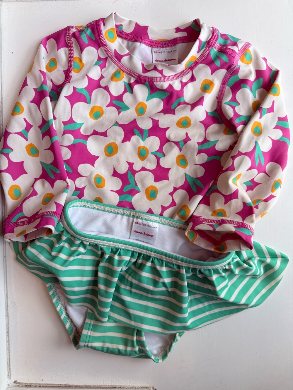 Hanna Andersson Pink Floral Long-Sleeve Ruffle Swimsuit with Mint Stripes
